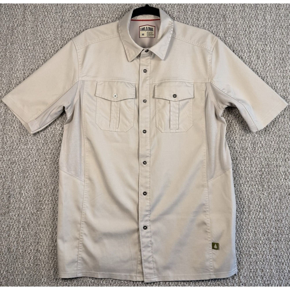 Lake & Trail Hiking Fishing Shirt Mens M Vented UPF Stretch Outdoor Tan